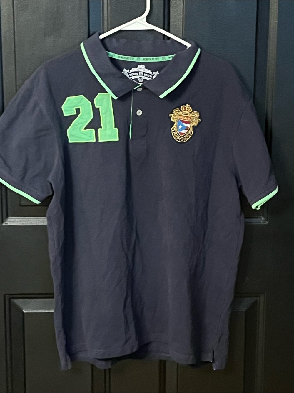 Robin Ruth Navy Polo with Lime Green Trim and Patch